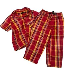 ERIKA Petite Plaid Matching Set Women Red Yellow Lounge Casual Capri Outfit